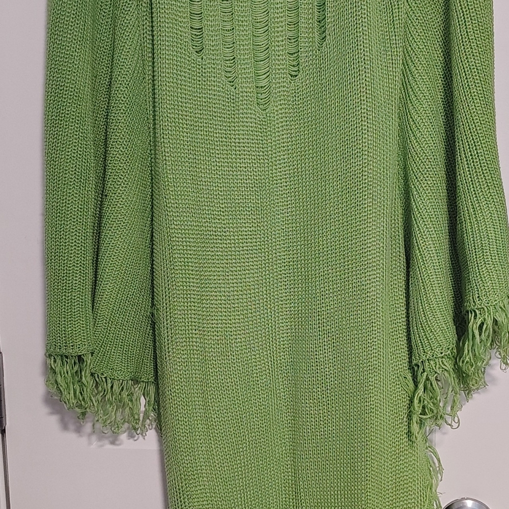 Green Fringed Knit Poncho Sweater